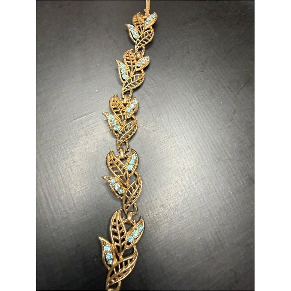 Gold Tone Leaf Link Bracelet Blue Rhinestone Vintage Style